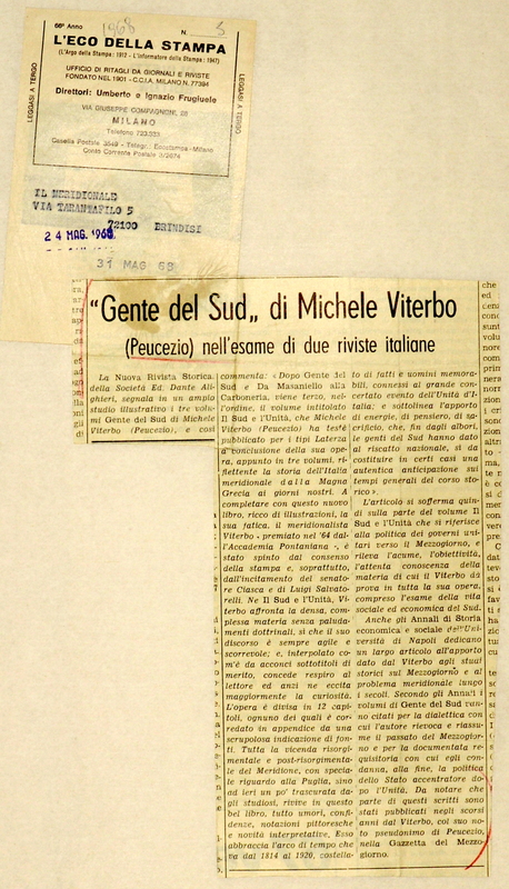 (1968) “Gente del Sud” di Michele Viterbo (Peucezio) nell’esame di due riviste italiane.JPG
