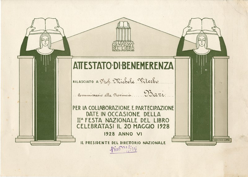 (1928) Attestato di benemerenza (Associazione Alleanza Nazionale del Libro ).jpg