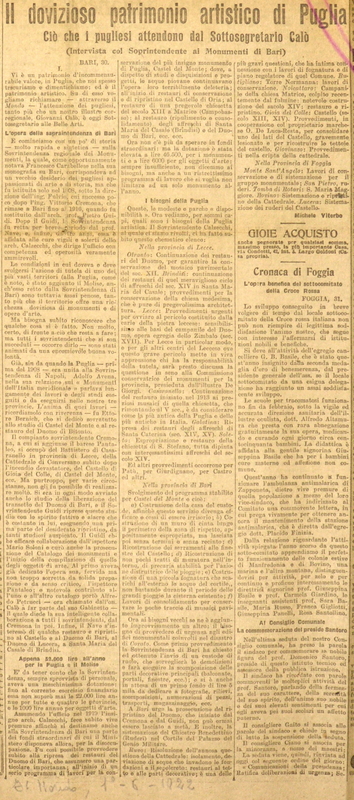 MV (1922), Il dovizioso patrimonio artistico di Puglia, Ciò che i Pugliesi attendono dal Sottosegretario Calò (Intervista col Sottosegretario ai Monumenti di Bari). 1, Il mondo, 01 giugno 1922, p. 4.JPG