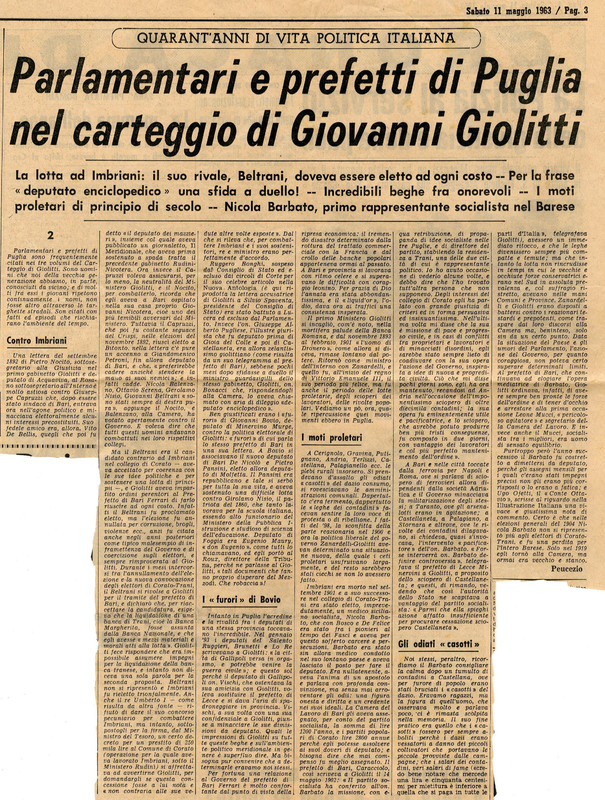 Peucezio (1963) - Parlamentari e prefetti di Puglia nel carteggio di Giovanni Giolitti (La Gazzetta del Mezzogiorno - 11 maggio 1963, p. 3).jpg