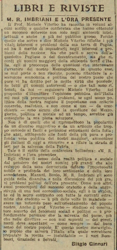 Gennari Biagio (1920), M. R. Imbriani e l'ora presente [Recensione].JPG