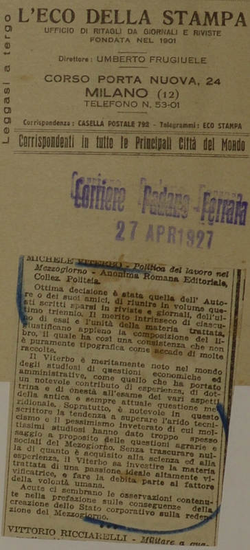 (1927), Politica del lavoro nel Mezzogiorno [Recensione], Corriere Padano (Ferrara).JPG