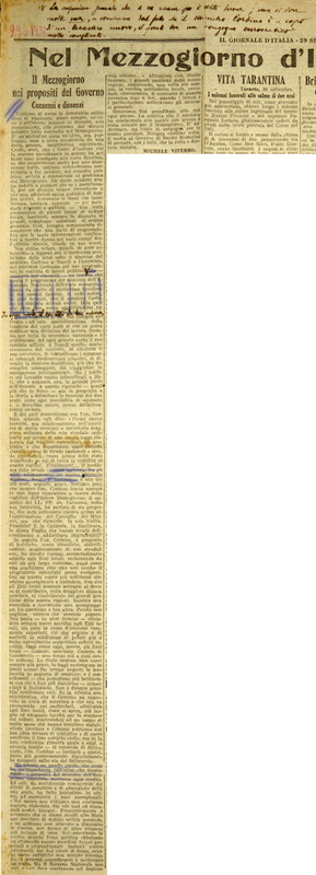 MV (1923), Il Mezzogiorno nei propositi del Governo, Consensi e dissensi, Il Giornale d'Italia, 29 settembre 1923, p. 4.JPG
