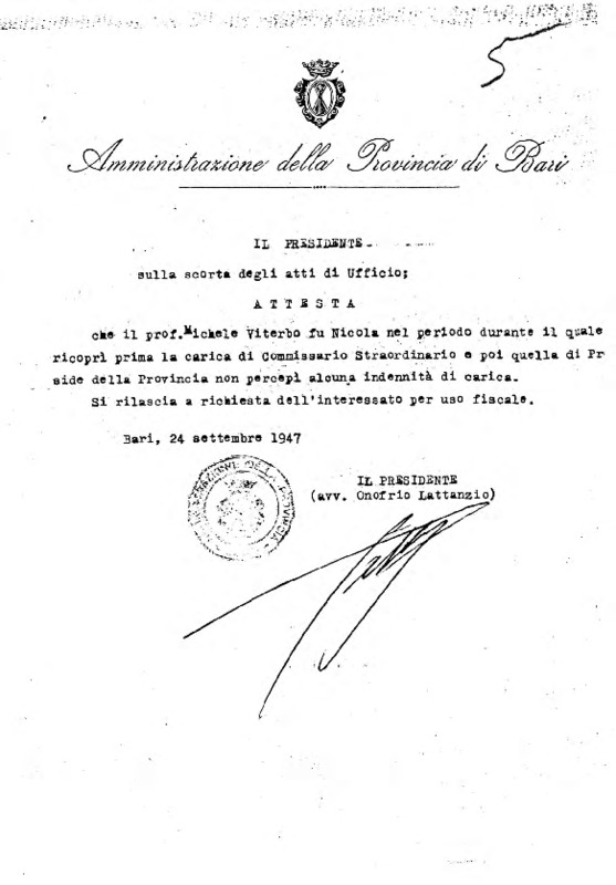 Attestato di servizio rilasciato dalla Provincia di Bari per la carica di Commissario Straordinario e Preside della Provincia (br).pdf