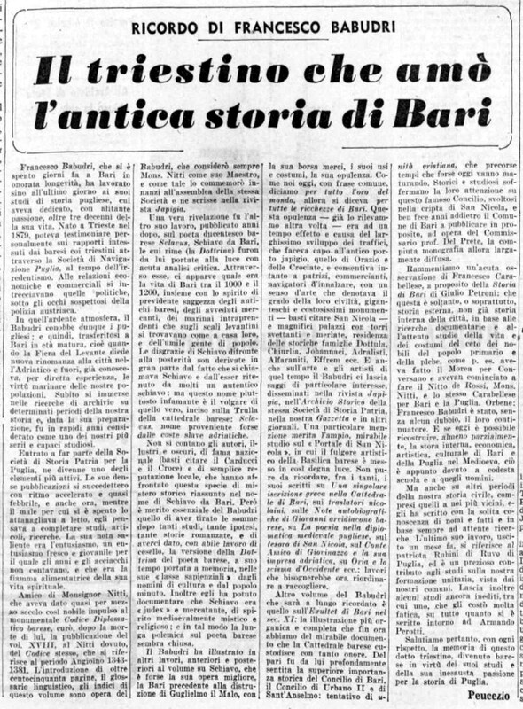 VM (1963), Il triestino che amò l'antica storia di Bari, Ricordo di Francesco Babudri (La Gazzetta del Mezzogiorno, 4 settembre 1963, p. 3).jpg