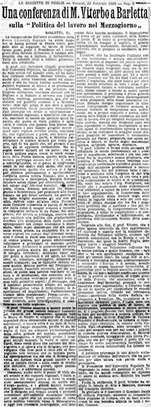 (1924) Una conferenza di M. Viterbo a Barletta sulla Politica del lavoro nel Mezzogiorno (La Gazzetta di Puglia, 22 febbraio 1924, p. 5) [anche in Giornale d'Italia del 24].jpg