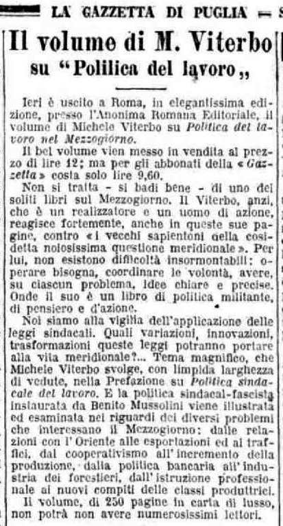 (1927) Il volume di M. Viterbo su Politica del lavoro (La Gazzetta di Puglia, 1 gennaio 1927, p. 3).jpg