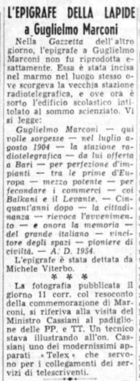 (1954) L'epigrafe della lapide a Guglielmo Marconi (La Gazzetta del Mezzogiorno, 13 settembre 1954, p. 6).jpg