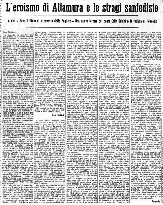 VM - Sabini Celio (1968), L'eroismo di Altamura e le stragi sanfediste (La Gazzetta del Mezzogiorno, 13 gennaio 1968, p. 3).jpg
