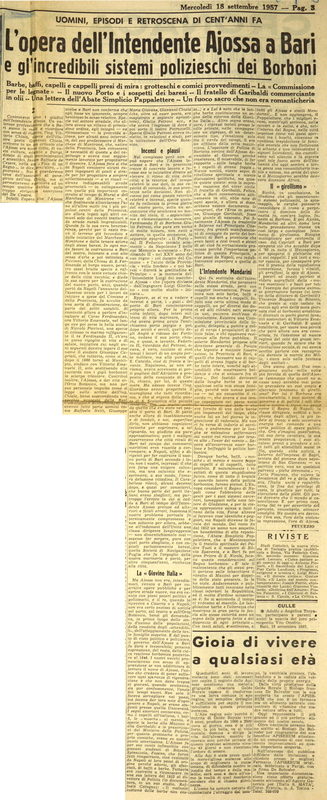 P (1957), L’opera dell’Intendente Ajossa a Bari e gli incredibili sistemi polizieschi dei Borboni (La GdM, 18 settembre 1957, p. 3).JPG