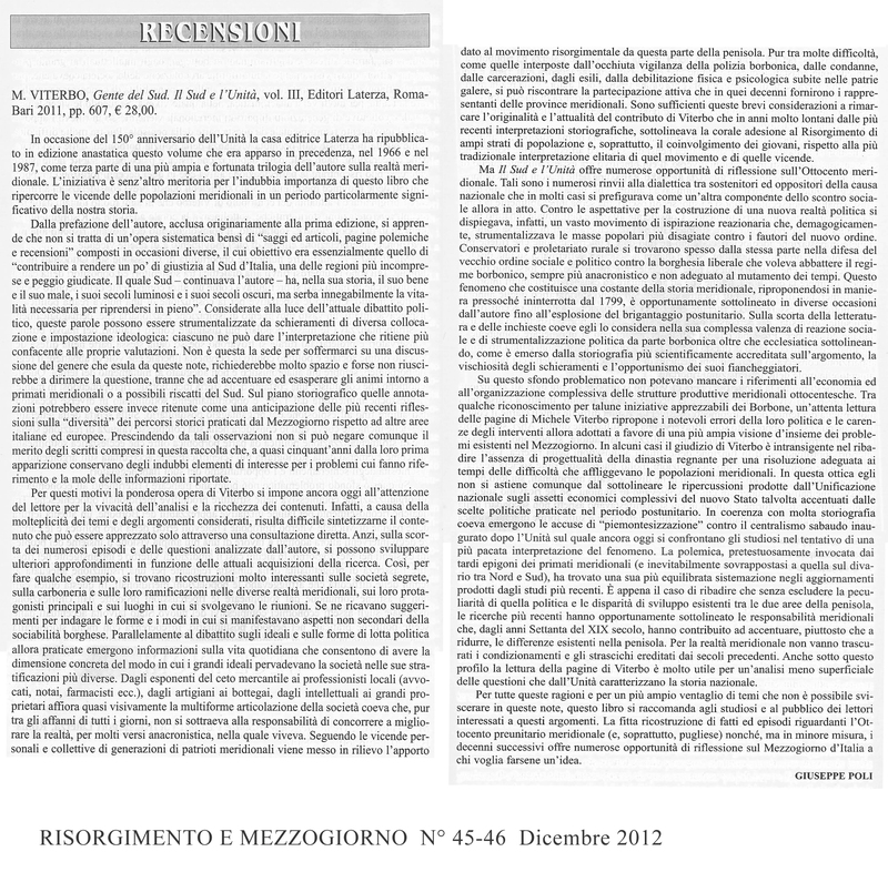 Poli (2012) Recensioni, M. Viterbo, Gente del Sud. Il Sud e l'Unità.jpg