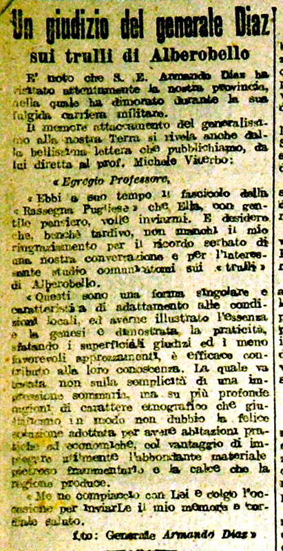 (1921) Un giudizio del generale Diaz sui trulli di Alberobello (Corriere delle Puglie, 26 gennaio 1921).JPG