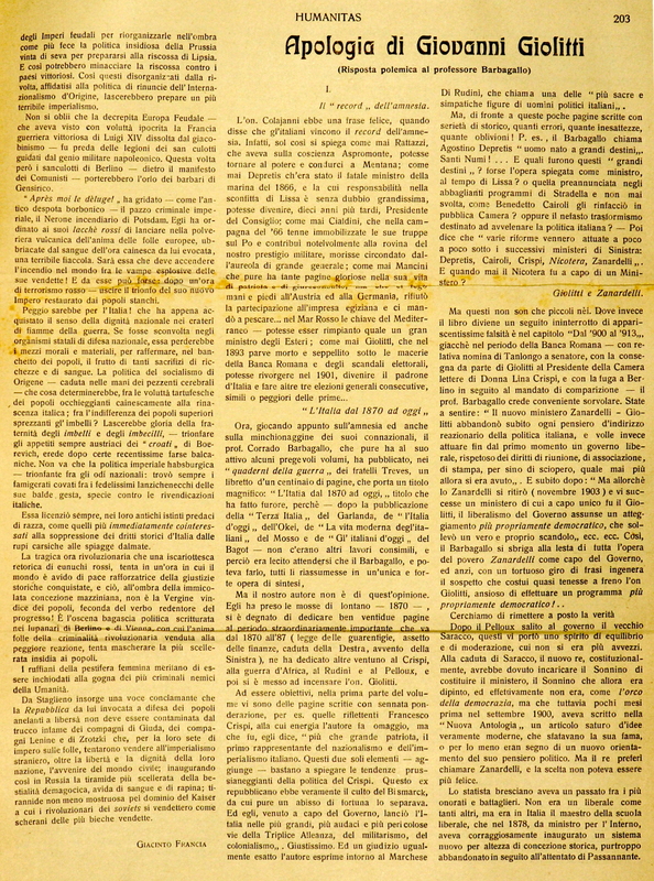 MV (1918), Apologia di Giovanni Giolitti (Risposta polemica al professore Barbagallo). 1, Humanitas, 28-29 gennaio 1919, p. 203-205.JPG