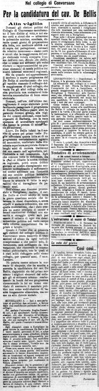 MV (1908), Per la candidatura del cav. De Bellis, nel collegio di Conversano (Corriere delle Puglie, 7 luglio 1908, p. 1).jpg