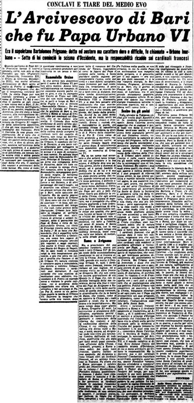 VM(1958) L'Arcivescovo di Bari che fu Papa Urbano 6. (La Gazzetta del Mezzogiorno, 22 ottobre 1958, p. 3).jpg