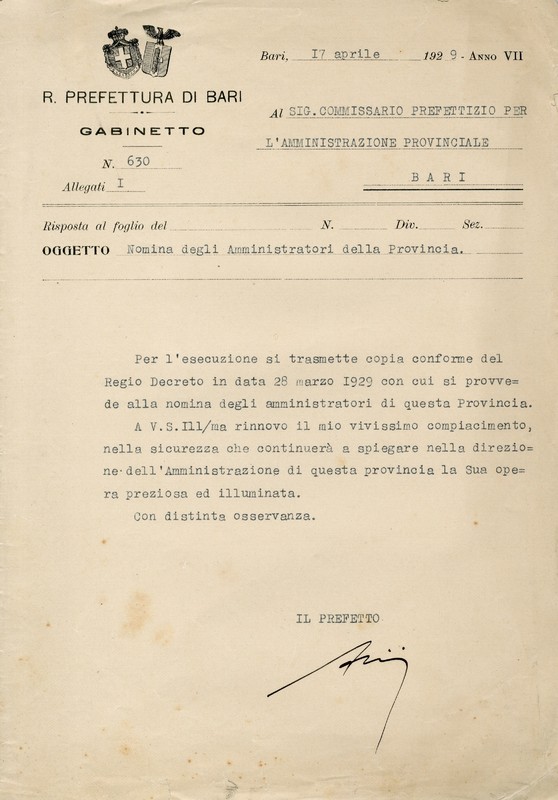 (1929) Comunicazione  per la nomina di Michele Viterbo ad Amministratore della Provincia di Bari (Prefetto di Bari).jpg