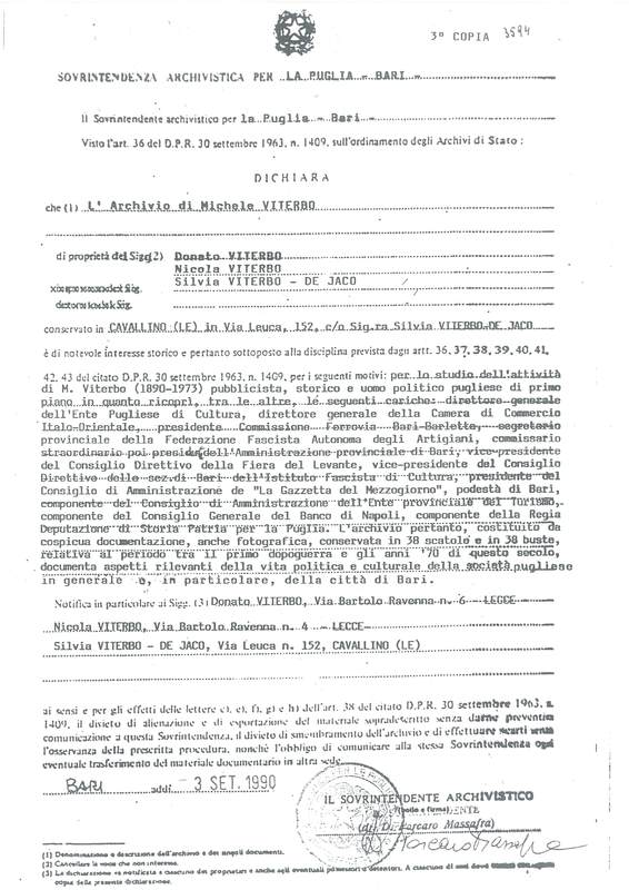 (1990) Dichiarazione di notevole interesse storico dell'Archivio Michele Viterbo.jpg