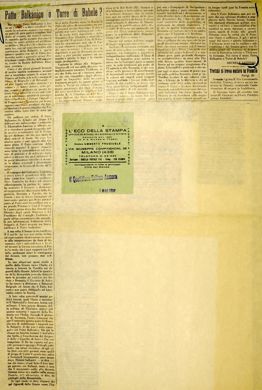 MV (1934), Patto Balkanico o Torre di Babele?, Il Quotidiano Eritreo (Asmara), 1 maggio 1934 (La GdM, 11 aprile 1934).JPG