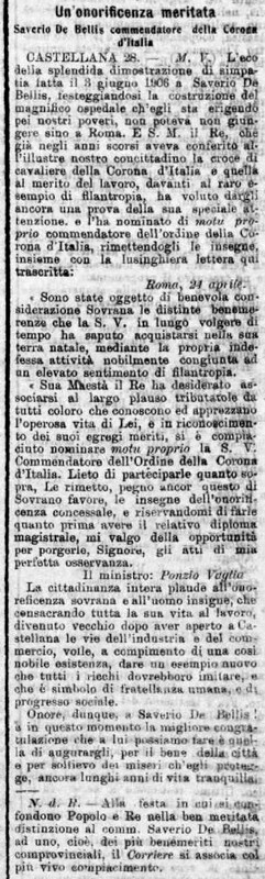 MV (1907), Un'onoreficenza meritata, Saverio De Bellis commendatore della Corona d'Italia (Corriere delle Puglie, 29 aprile 1907, p. 1).jpg