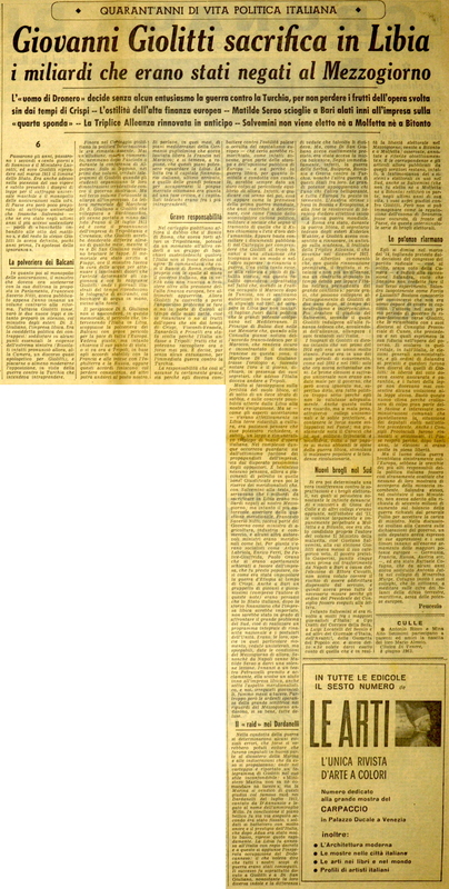 Peucezio (1963), 6. - Giovanni Giolitti sacrifica in Libia i miliardi che erano stati negati al Mezzogiorno, La GdM, 11 giugno 1963, p. 3.JPG