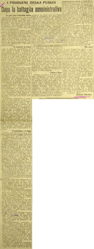 MV (1914), Dopo la battaglia amministrativa, I problemi della Puglia, Giornale d'Italia, 11 agosto 1914, p. 4.JPG