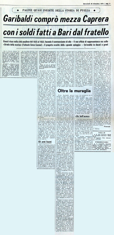 VM (1970), Garibaldi comprò mezza Caprera con i soldi fatti a Bari dal fratello (La Gazzetta del Mezzogiorno, 30 dicembre 1970, p. 3).jpg