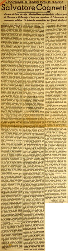 MV (1942), Salvatore Cognetti, l'economista traduttore di Plauto, La Gazzetta del Mezzogiorno 27 agosto 1942, p. 3.JPG