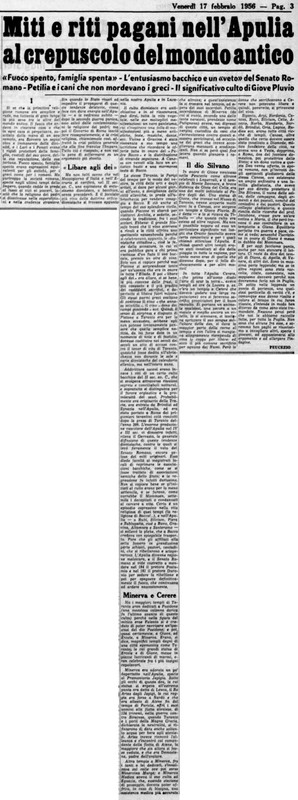 VM(1956) Miti e riti pagani nell'Apulia al crepuscolo del mondo antico 1 (La Gazzetta del Mezzogiorno, 17 febbraio 1956, p. 3).jpg