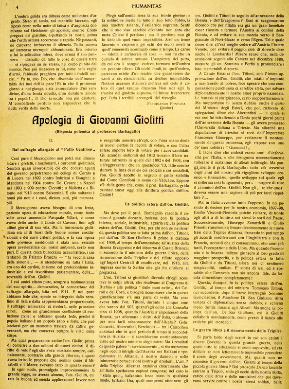 MV (1919), Apologia di Giovanni Giolitti (Risposta polemica al professore Barbagallo). 2, Humanitas, 05-12 gennaio 1919, p. 4-6.JPG
