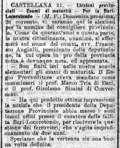 MV (1907), Elezioni provinciali - Esami di maturità - Per la Bari-Locorotondo (Corriere delle Puglie, 22 luglio 1907, p. 2).jpg