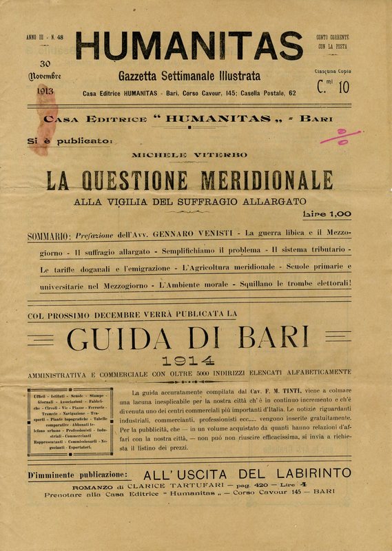 (1913) La questione meridionale alla vigilia del suffragio universale (Humanitas 1913 - Notizia pubblicitaria).jpg