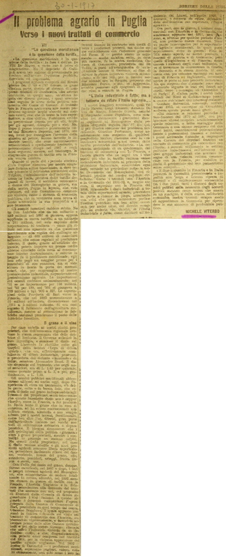 MV (1917) Il problema agrario in Puglia - (III) Verso i nuovi trattati di commercio (Il Corriere delle Puglie, 30 gennaio 1917).JPG