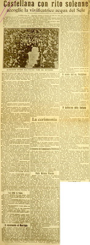 (1924) Castellana con rito solenne accoglie la vivificatrice acqua del Sele, La Gazzetta di Puglia, 29 luglio 1924, p. 6.JPG