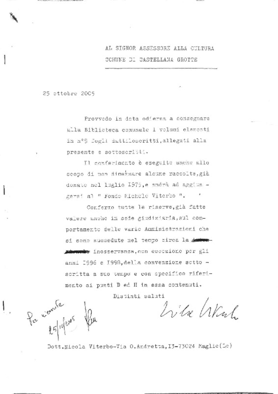 Nicola Viterbo, Lettera di Nicola Viterbo all'assessore alla cultura del comune di Castellana Grotte per la donazione di ulteriori volumi ad integrazione del Fondo Michele Viterbo (26 ottobre 2005).pdf