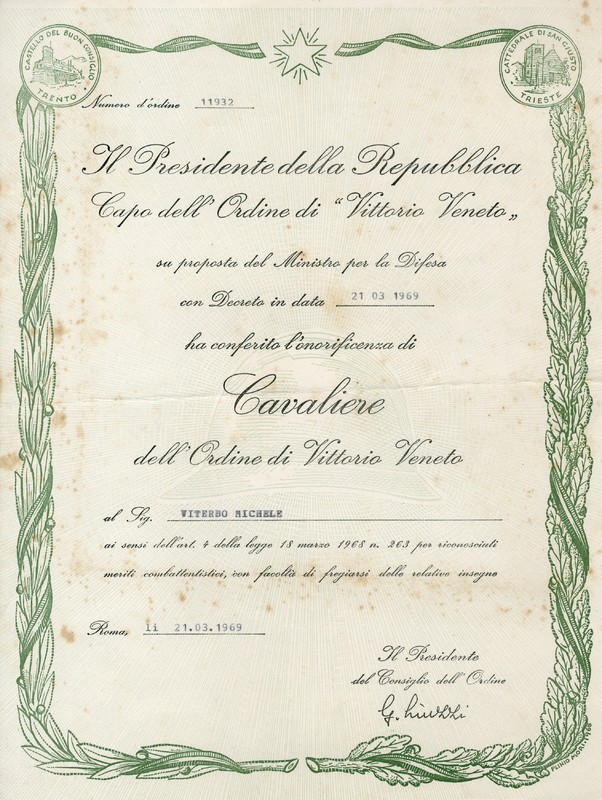 (1969) Diploma di Cavaliere dell'Ordine di Vittorio Veneto.jpg