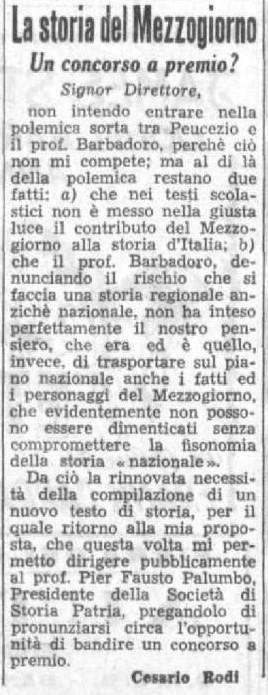 Rodi Cesario (1951) La storia del Mezzogiorno, Un concorso a premio? (La Gazzetta del Mezzogiorno, 8 settembre 1951, p. 3).jpg