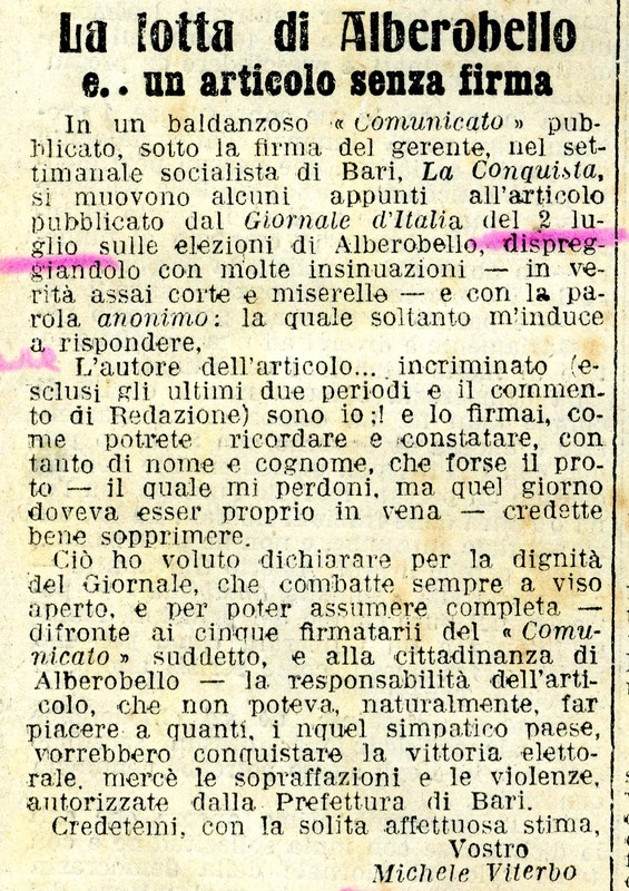 Michele Viterbo (19..) - La lotta di Alberobello e ... un articolo senza firma (Giornale d'Italia - 11 luglio 19.. p_4).jpg