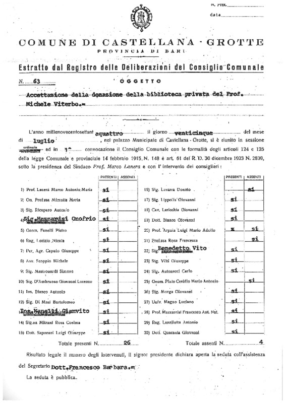 Comune di Castellana Grotte, Delibera comunale n. 63 per l'accettazione della donazione della biblioteca privata prof. Michele Viterbo (25 luglio 1974).pdf