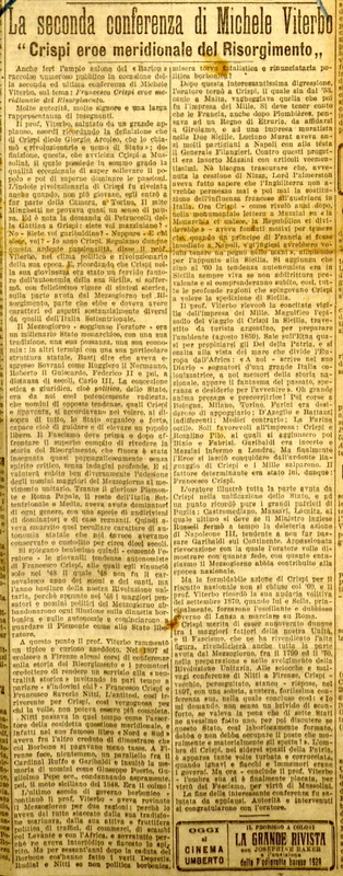 (1928), La seconda conferenza di Michele Viterbo %22Crispi” eroe meridionale del Risorgimento%22, La Gazzetta del Mezzogiorno, 20 settembre 1928, p. 4.JPG