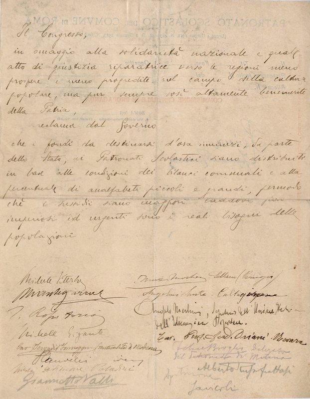 (1923) Lettera manoscritta di una mozione della Federazione dei Patronati scolastici (Recto).jpg