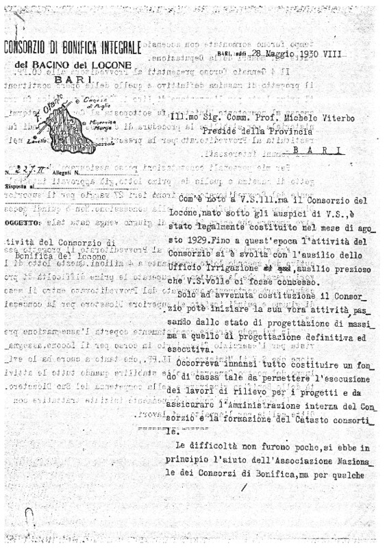 Consorzio di Bonifica integrale del Bacino del Locone (1930) Lettera del presidente del Consorzio di Bonifica integrale del Bacino del Locone al Preside della Provincia di Bari Michele Viterbo (Bari, 28 Maggio 1930).pdf