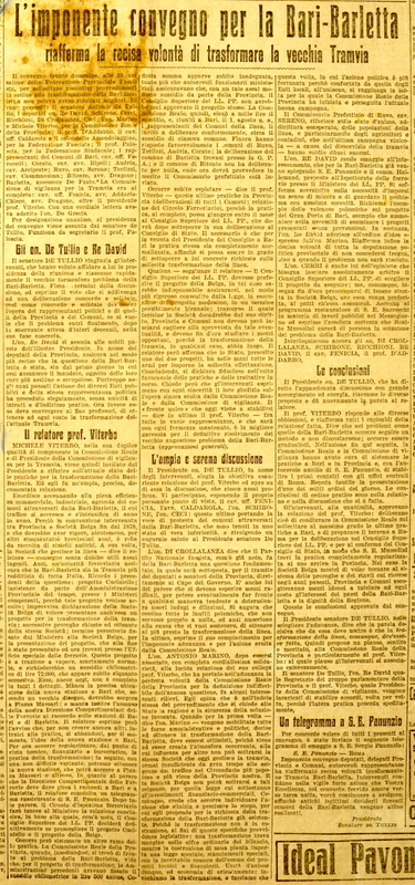 (1924) L’imponente convegno per la Bari-Barletta riafferma la recisa volontà di trasformare la vecchia Tramvia, La Gazzetta di Puglia, 4 novembre 1924, p. 3.JPG