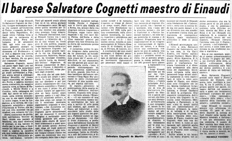 VM(1961) Il barese Salvatore Cognetti maestro di Einaudi (La Gazzetta del Mezzogiorno, 3 novembre 1961, p. 3).jpg