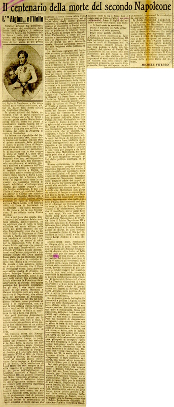 MV (1932), L’”Aiglon” e l'Italia (il centenario della morte del secondo Napoleone), La Gazzetta del Mezzogiorno, 2 agosto 1932, p. 3.JPG
