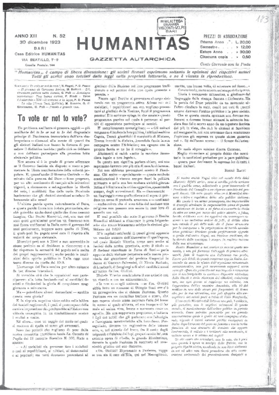 Ragni - Pesce (1923), To vote or not to vote (Humanitas, A. 13, n. 52, 30 dicembre 1923, p. 381-382).pdf