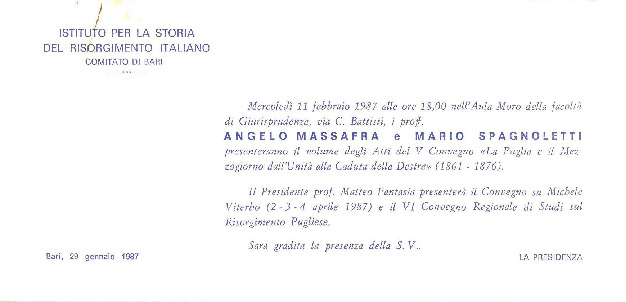 Istituto per la Storia del Risorgimento (1987), Invito per la presentazione del volume degli Atti del 5. Convegno «La Puglia e il Mezzogiorno dall'Unità alla Caduta della Destra, 1861-1.pdf