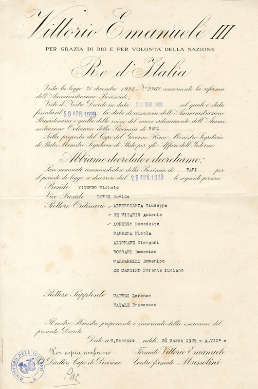 (1929) Diploma regio per la nomina a Preside della Provincia di Bari.jpg