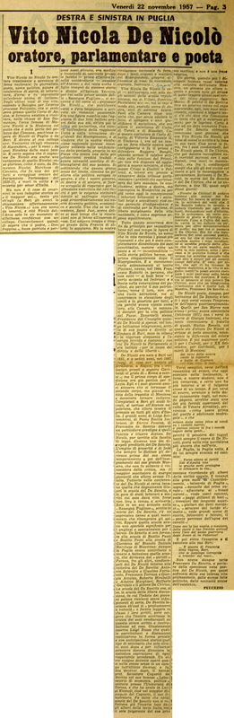 Peucezio (1957), Vito Nicola De Nicolò, oratore, parlamentare e poeta, La GdM, 22 novembre 1957, p. 3.JPG