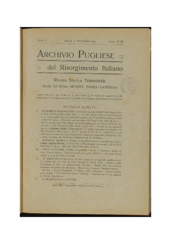 GMC(1914), Viterbo (M.), Castellana di Bari nel Risorgimento Italiano (Archivio pugliese del risorgimento italiano, 1914 - A. 1, apr.-set., fasc. 2-3), p. 213-214 (Rec.pdf