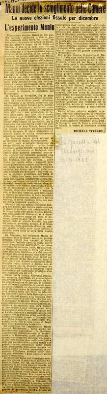MV (1928), L'esperimento Maniu (Maniu decide lo scioglimento delle Camere), La Gazzetta del Mezzogiorno, 13 novembre 1928.JPG